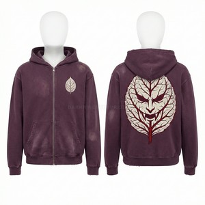 Custom Zip Hoodie Men Heavyweight Fleece Leaf Graphic Sweatshirt Vintage Wash Streetwear Full Zip Hoodies Apparel Manufacturer - Product Image 1
