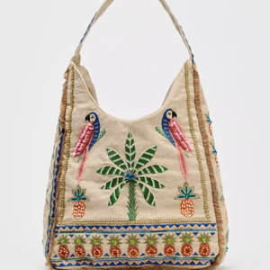 Embroidered Palm Tree Tote <b>Bag</b> <b>Boho</b> Style Shoulder <b>Bag</b> for Women - Product Image 1