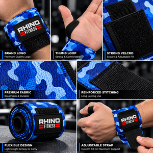 RHINO FITNESS Bandes de maintien pour poignets en coton camouflage bleu, sangles de soutien pour haltérophilie avec fermeture auto-agrippante, attelle de gym pour main gauche - Product Image 6