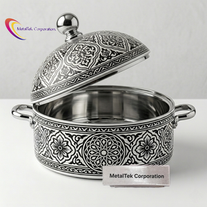 หม้อสแตนเลสอย่างดี ลายดอกไม้สีดำขาว มีนา พร้อมฝาปิดเก็บความร้อน จานเสิร์ฟพร้อมหูจับสีเงิน - Product Image 2