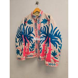 Veste en laine 100% coton, broderie palmier, veste courte faite à la main, veste unisexe pour soirée, veste en tissu Suzani, manteau pour femme - Product Image 4