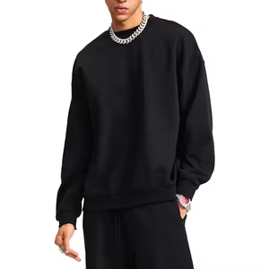 Sweat-shirt à col rond en coton noir surdimensionné pour homme, couleur unie, tricoté, manches longues, coupe classique, vêtement d'automne - Product Image 1