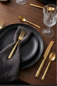 Juego de cubiertos dorados mate con diseño de mango retorcido, elegante vajilla para bodas, cuchara, tenedor y cuchillo de metal, resistentes al óxido. - Product Image 5