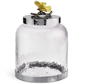 Récipient alimentaire rond en verre avec couvercle en métal, motif floral gravé, pot de rangement minimaliste pour la cuisine et la maison - Product Image 4