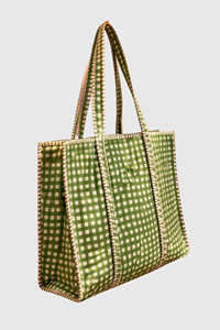 Sac fourre-tout en coton à carreaux verts, fermeture ouverte, sac de shopping pour femmes, toutes saisons - Product Image 3
