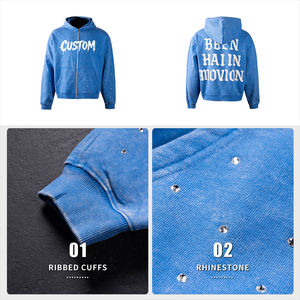 Custom Men <b>Hoodie</b> 100% Cotton Embroidery Mens Clothing Rhinestone Boxy Fit Streetwear Heavyweight Zip up Hoodies for Men - Product Image 5