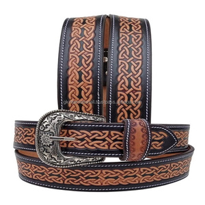 Durable Stitched Hand Carved <b>Engraving</b> Men's Fashion Western Leather <b>Tooling</b> Belt with Designer Brass Buckle Set - Product Image 5
