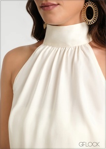 Women Pink Halter Neck <b>Top</b> with <b>Beaded</b> Detail Ruched Front Adjustable Back Tie Soft Knit Sleeveless <b>Top</b> 2026 Summer New Arrival - Product Image 3