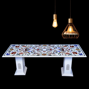 Luxury White <b>Marble</b> Inlay Handmade Pietra Dura Dining Table <b>Top</b> Modern Design Rectangle Shape Home Furniture - Product Image 1