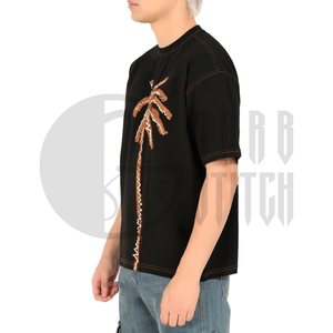 Camiseta Negra de Manga Corta para Hombre, Estampado de Palmeras, Estilo Casual Holgado, Cuello Redondo, Impresión Serigrafiada, Algodón Transpirable, Logotipo en la Parte Trasera del Cuello - Product Image 3