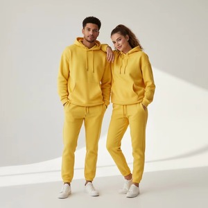 Unisex Black Hooded Tracksuit Full Length Cotton Sweatshirt And Pants <b>Set</b> Casual Solid Color With Side Pockets Drawstring - Product Image 6