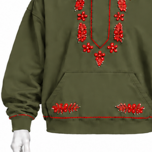 Sweat-shirt à capuche vert olive Indus brodé, motif floral, poche kangourou, coupe oversize, style streetwear décontracté, hiver - Product Image 5