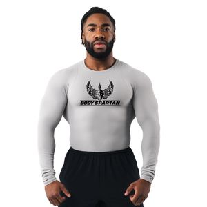 T-shirt de compression à manches longues gris clair pour homme, extensible, performant, pour l'entraînement sportif, la course à pied et les activités sportives - Product Image 1