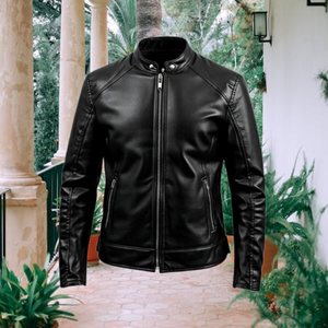 Blouson de motard en cuir véritable noir pour l'hiver avec fermeture éclair, col montant, coupe ajustée, couleur unie, style Cafe Racer - Product Image 4