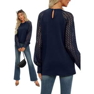 2025 femmes à manches longues marine M Blouses chemises 2024 à la mode hiver tenues mignon basique t-shirt dentelle bateau cou automne affaires chemises - Product Image 5