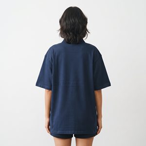 เสื้อโปโลผู้หญิงไซส์ใหญ่ สีน้ำเงินล้วน ปักโลโก้ได้ ผ้าฝ้าย 100% ทรงโอเวอร์ไซส์ แขนสั้น สไตล์ลำลอง แฟชั่น - Product Image 2