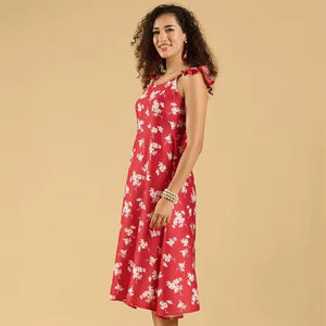 Robe Midi Ample en Georgette Imprimée Florale pour Femme, Col en V, Bretelles, Sans Manches, Taille Naturelle, Écologique, Idéale pour Soirées Formelles - Product Image 1