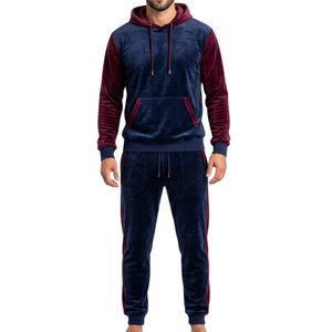 Conjunto de chándal de terciopelo para hombre, 2 piezas, con sudadera con capucha y bloques de color borgoña y azul marino, estilo urbano informal de forro polar - Product Image 1