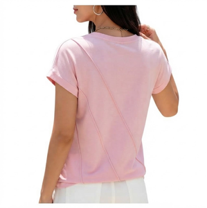 T-shirt rose respirant à col rond pour femme, manches courtes, détails de coutures diagonales, coupe ample, style minimaliste, printemps - Product Image 3