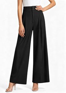 Pantalones anchos de cintura media para mujer, negros lisos de lona, casuales, plisados, de largo completo, ajuste holgado, cintura elástica, estilo lavado para otoño - Product Image 5