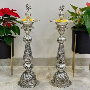 SILVER PLATED FINE CARVING SAMAI / <b>LAMP</b> BIG SIZE WITH ROUND <b>BASE</b> - Product Image 2