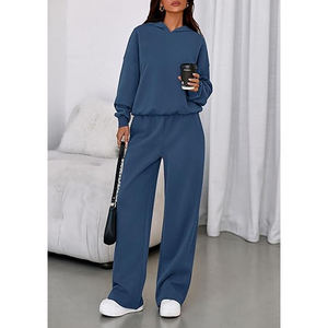 VIBE SEWN Oversized Two Piece Set Breathable Polyester/Cotton <b>Velour</b> Hooded Fleece <b>Tracksuits</b> Women Elastic Waist Autumn Custom - Product Image 3