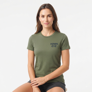 T-shirt à manches courtes col rond vert olive pour femme Hawk Eye, coupe classique, 100% coton, jersey décontracté, logo imprimé - Product Image 3
