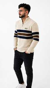 Pull tricoté à capuche zippé pour homme avec motif rayé 100% polyester respirant pour le printemps - Product Image 2