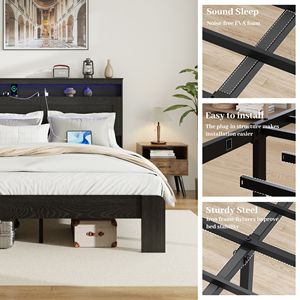 Letto Matrimoniale King Size con Struttura in Legno, Testiera Illuminata a LED e 2 Porte USB, Silenzioso, Senza Necessità di Rete a Doghe, con Vano Contenitore Integrato - Product Image 6