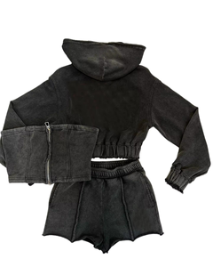 Custom 3 Piece Distressed Vintage Acid Washed Matching Crop Hoodie <b>Strapless</b> <b>Corset</b> and Shorts Set Women Summer Sets - Product Image 5