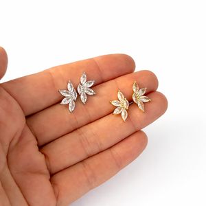 Boucles d'oreilles clous populaires en forme de demi-fleur, en or massif 14K 18K, avec diamants de laboratoire taille marquise, bijoux fins minimalistes - Product Image 5