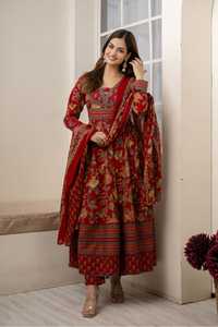 Ensemble de 3 robes Radish Florish en coton, ensemble Anarkali Kurta rouge, robe en coton imprimé Kalamkari, Anarkali en coton avec pantalon et dupatta - Product Image 3
