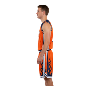 Ensemble d'uniformes de basketball personnalisés pour hommes, orange et bleu marine, maillot sans manches à col en V, short avec imprimé flamme latérale, numéros blancs, kit d'équipe en gros - Product Image 6