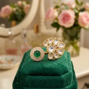 <b>Gold</b> Plated Emerald <b>Cocktail</b> <b>Ring</b> With Pave Setting Diamond Flower Design For Women Wedding Gift - Product Image 1