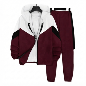 Manufacturer <b>Burgundy</b> Hoodie And Jogger Pants Color Block Casual Sportswear Two Piece Tracksuit Outfit Set Custom Activewear - Product Image 1