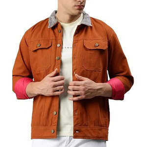 Men's Orange Denim Shirt <b>Jacket</b> Zipper Closure Pink Cuffs Stand Collar Casual <b>Slim</b> <b>Fit</b> Winter Streetwear Windproof 100% Cotton - Product Image 2