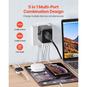 5-in-1 Universal Travel <b>Adapter</b> 2 USB-C & 2 USB-A Ports 1 AC Outlet International European Power <b>Adapter</b> 4 Different <b>Plug</b> Types - Product Image 3