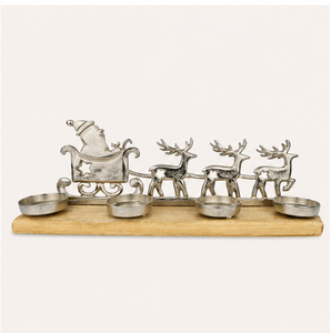 Support de bougie de Noël en métal argenté en forme de renne avec base en bois de manguier naturel, support de bougie chauffe-plat festif Père Noël, vente en gros - Product Image 1