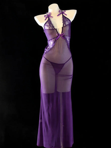 Camisón Largo de Encaje Morado sin Mangas para Mujer, Ropa de Dormir Sexy sin Tirantes, Material de Nailon y Spandex Suave para Verano - Product Image 3