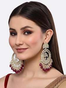Boucles d'oreilles de luxe Kundan Chandbali avec perles, bijoux traditionnels indiens pour mariage, vente en gros, boucles d'oreilles Meenakari incrustées de perles pour femmes - Product Image 5