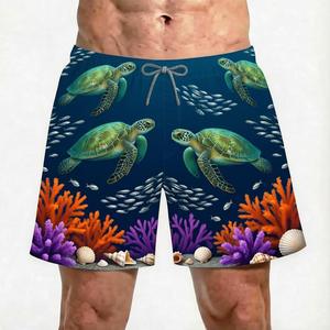 Traje de Baño para Hombre con Estampado de Tortuga Marina, Secado Rápido, Cintura Media, Cordón Ajustable, Shorts Casuales, 100% Poliéster, Tejido de Punto - Product Image 1