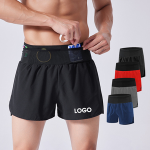 Shorts de sport pour homme à séchage rapide avec poches, taille mi-haute élastique, couleur unie, tissu tricoté, logo frontal, noir, rouge, gris, bleu - Product Image 1