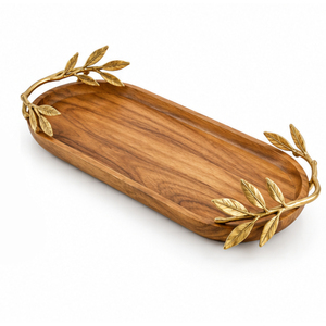 Bandeja de Servir Ovalada de Madera de Lujo con Asas de Hoja de Oro, Plato Decorativo de Madera para Mesa de Centro y Decoración de Sala de Estar - Product Image 1