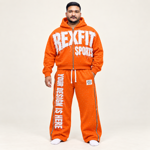 REXFIT SPORTS <b>Men's</b> <b>Orange</b> Stone Washed Front Hoodie <b>Sweatshirt</b> Set Flock Print French Terry Track Pants Custom Design Autumn - Product Image 2