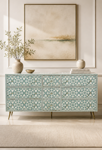 Buffet de salle à manger en bois massif à motifs, console de rangement avec tiroirs et pieds en métal pour salon et entrée - Product Image 1