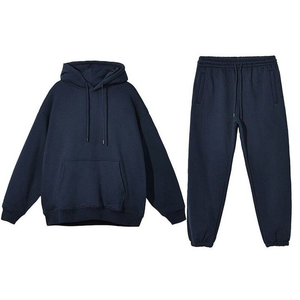Ensemble de survêtement unisexe bleu à capuche en coton décontracté pour l'automne, manches longues, couleur unie, coupe ample, imprimé, design 2-en-1 sur le côté - Product Image 2