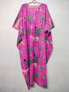 Robe Kaftan en Coton à Imprimé Jungle, Dentelle, Vintage, Longueur Genou, Coupe Évasée, Grande Taille, Style Indien, pour l'Été et le Quotidien - Product Image 3