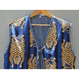 Chaleco acolchado de algodón Kantha para mujer, con estampado de tigre, sin mangas, abrigo de invierno con bolsillo, ropa exterior informal, regalo para ella. - Product Image 4