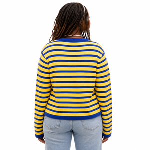 Cárdigan de Punto a Rayas Amarillo y Azul para Mujer, Manga Larga, Cuello Redondo, Botones al Frente, Suéter Informal de Corte Regular para Todas las Temporadas - Product Image 3