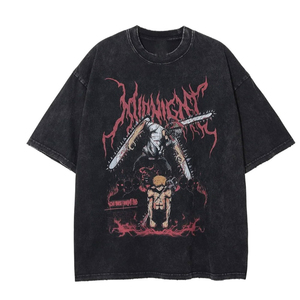เสื้อยืดโอเวอร์ไซส์สีดำสำหรับผู้ชาย พิมพ์ลายตัวละคร Chainsaw Man สไตล์สตรีท คอกลม แขนสั้น ผ้าเจอร์ซีย์คอตตอน - Product Image 1